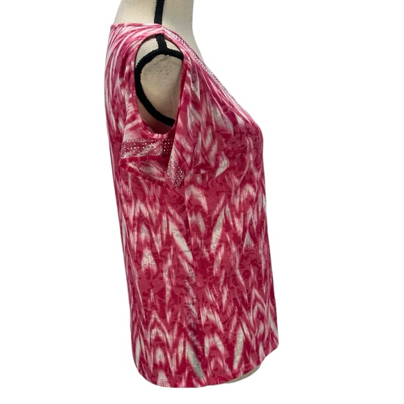INC Short Cutout Sleeve Bling Detail Keeley Blooms Print T-Shirt - Hot Pink - Sm - Picture 2 of 8